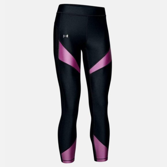 Under Armour Women's Heatgear Black/Optic Purple Color Block Ankle Crop Leggings - Picture 6 of 7